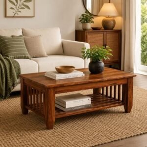 Wooden Coffee Center Table with Storage | Solid Sheesham Wood Rectanguler Traditional Coffee Table for Living Room & Office Furniture (86X45X40) Honey Finish